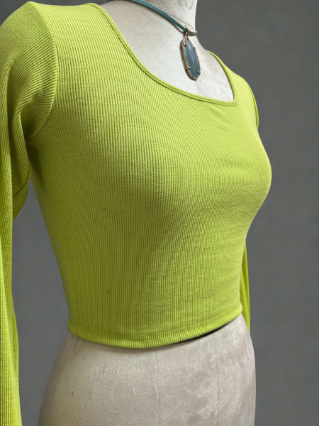 Full Sleeves Stretchable Back Strings Blouse in Light Neon Green Colour