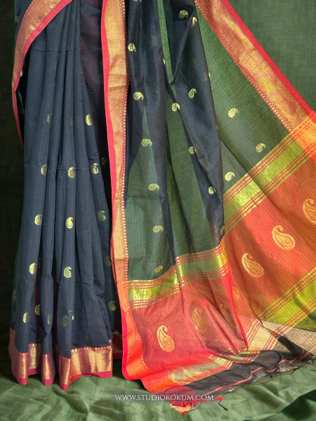 Qirat - Pure Cotton Saree in Black with Exclusive Red Zari Border & Pallu