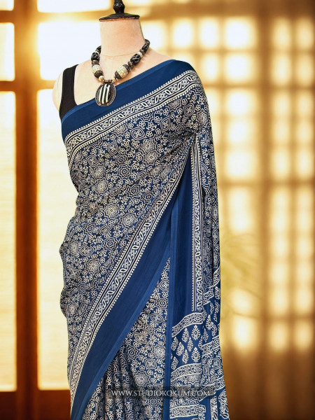 Falak: Cobalt Blue Modal Silk Hand blocked Ajrakh Zari Lagdi Patta Saree