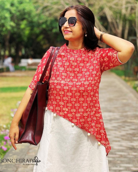 Anamika: Red Handloom Silk N Cotton Fusion Dress