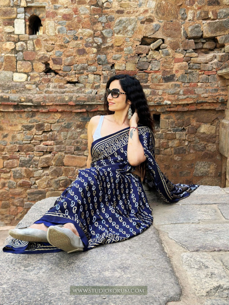 Tamanna : Indigo Colour Block Print Modal Silk Saree