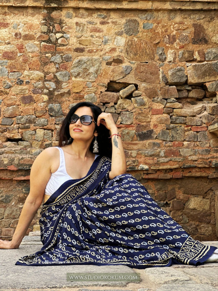 Tamanna : Indigo Colour Block Print Modal Silk Saree