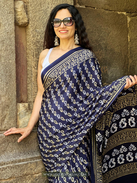 Tamanna : Indigo Colour Block Print Modal Silk Saree
