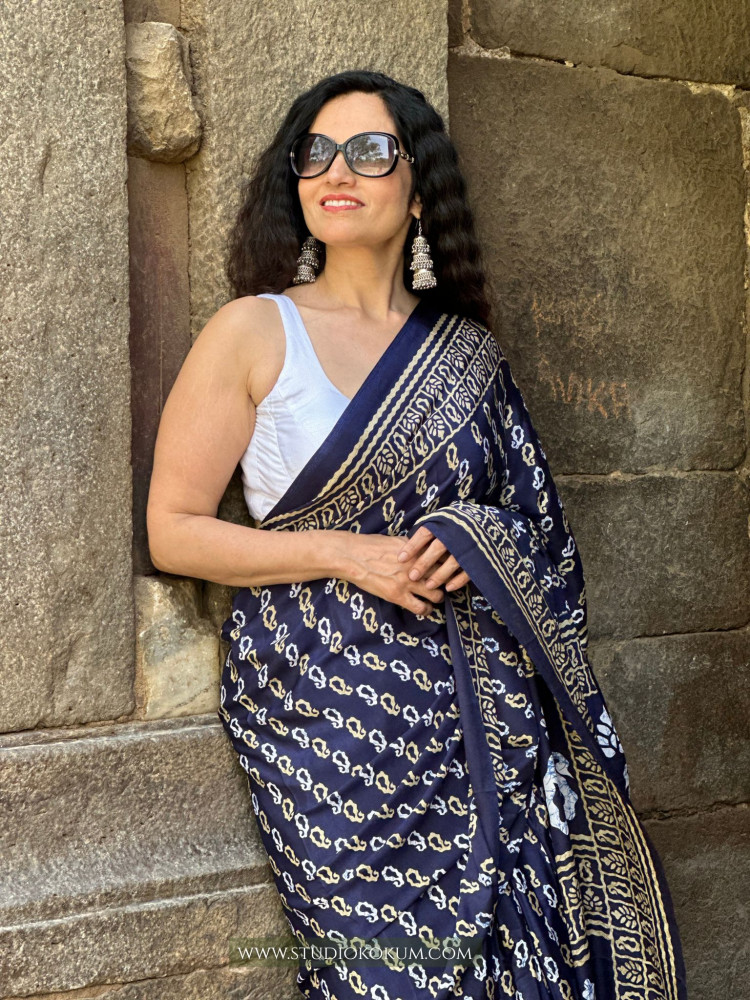 Image of Tamanna : Indigo Colour Block Print Modal Silk Saree