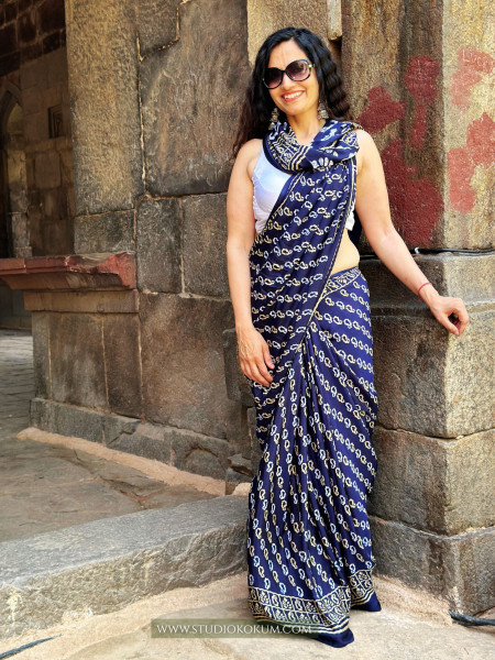 Tamanna : Indigo Colour Block Print Modal Silk Saree