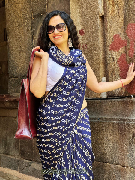 Tamanna : Indigo Colour Block Print Modal Silk Saree