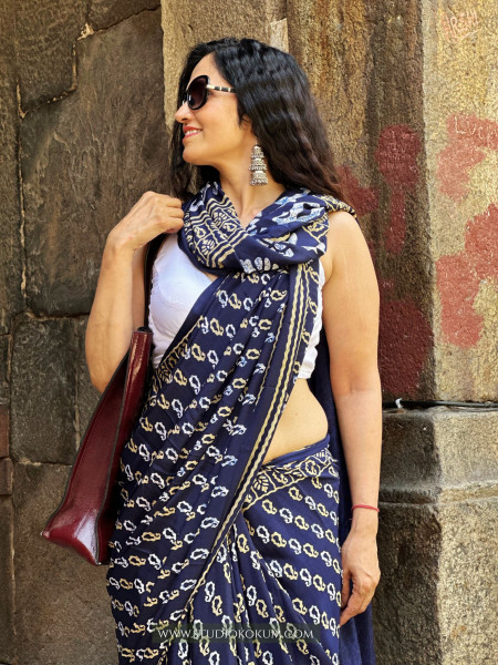 Tamanna : Indigo Colour Block Print Modal Silk Saree