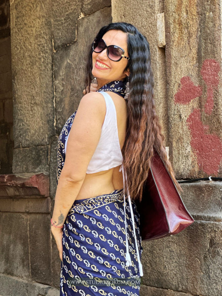 Tamanna : Indigo Colour Block Print Modal Silk Saree