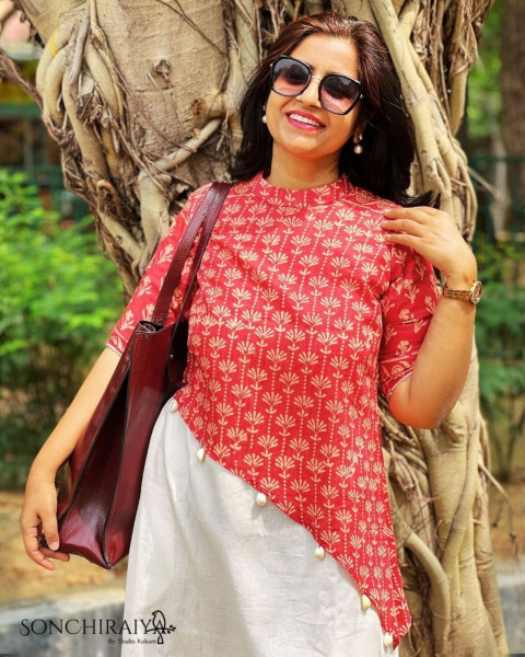 Anamika: Red Handloom Silk N Cotton Fusion Dress