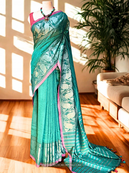 Noorani - Light Teal Handcrafted Cotton Banarasi Saree with Blouse