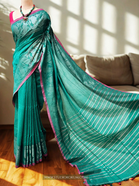 Image of Noorani - Light Teal Handcrafted Cotton Banarasi Saree with Blouse