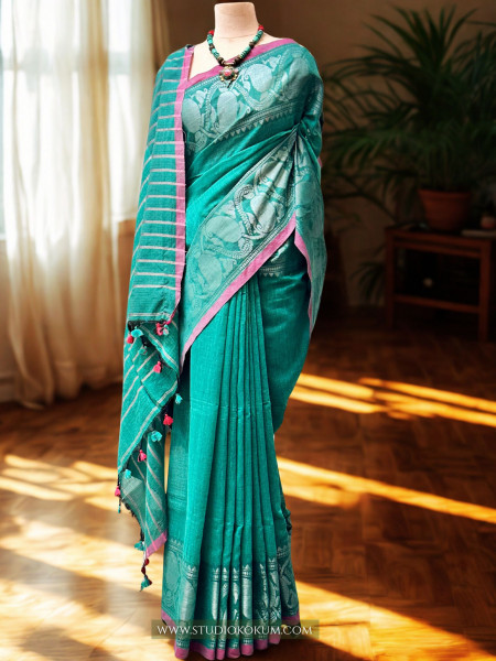 Noorani - Light Teal Handcrafted Cotton Banarasi Saree with Blouse