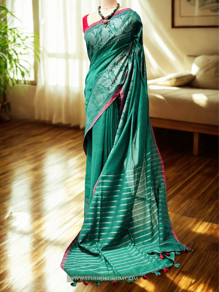Noorani - Light Teal Handcrafted Cotton Banarasi Saree with Blouse