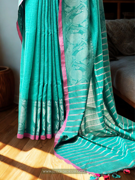 Noorani - Light Teal Handcrafted Cotton Banarasi Saree with Blouse