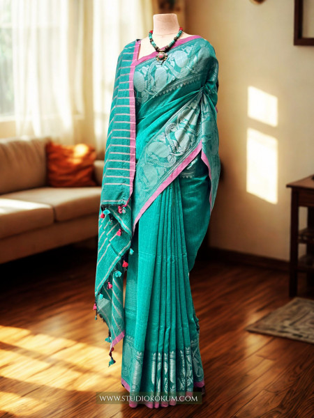 Noorani - Light Teal Handcrafted Cotton Banarasi Saree with Blouse