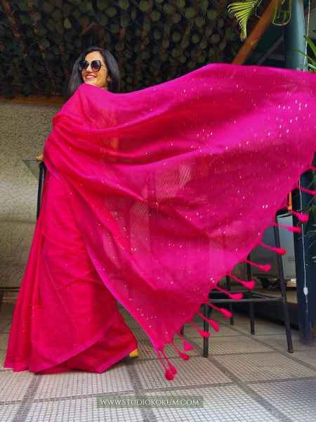 Image of Cherry Bomb: Pure Mul Cotton Saree with Sequins in Hot Pink Colour