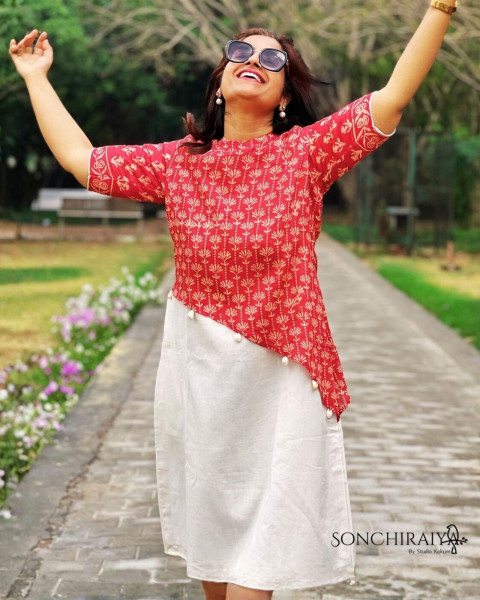 Anamika: Red Handloom Silk N Cotton Fusion Dress