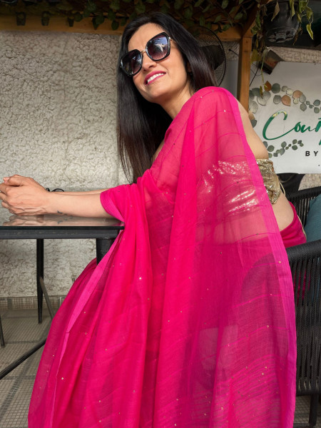 Cherry Bomb: Pure Mul Cotton Saree with Sequins in Hot Pink Colour