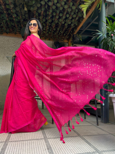 Cherry Bomb: Pure Mul Cotton Saree with Sequins in Hot Pink Colour