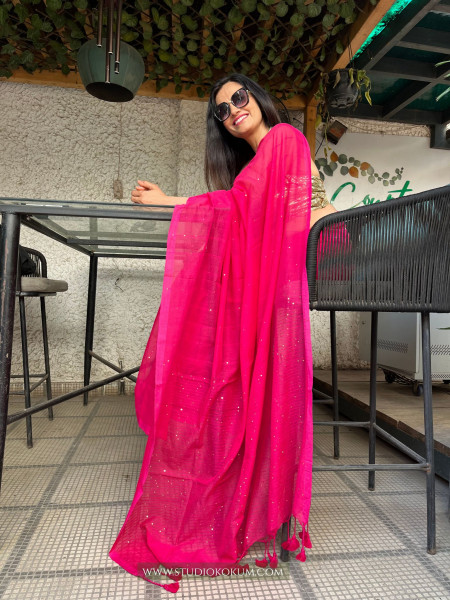 Cherry Bomb: Pure Mul Cotton Saree with Sequins in Hot Pink Colour