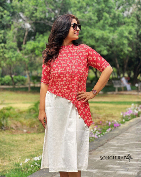 Anamika: Red Handloom Silk N Cotton Fusion Dress