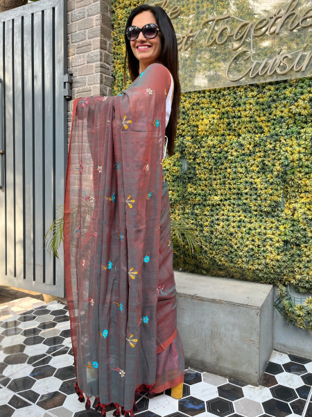 Mishri: Pure Mul Cotton Saree with Embroidery in Dual Tone Almond Colour