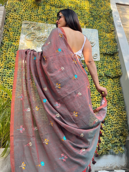 Mishri: Pure Mul Cotton Saree with Embroidery in Dual Tone Almond Colour