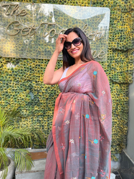 Mishri: Pure Mul Cotton Saree with Embroidery in Dual Tone Almond Colour