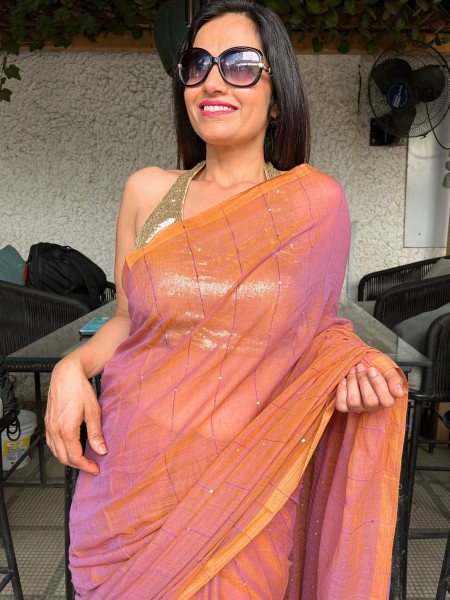 Image of Imlee: Pure Mul Cotton Saree with Sequins in Dual Tone Cinnamon Colour