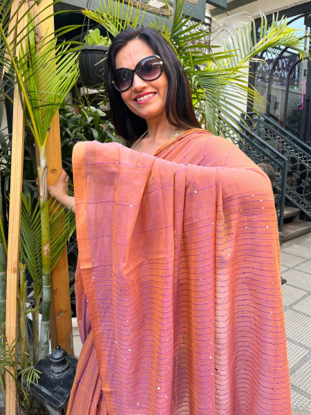 Imlee: Pure Mul Cotton Saree with Sequins in Dual Tone Cinnamon Colour