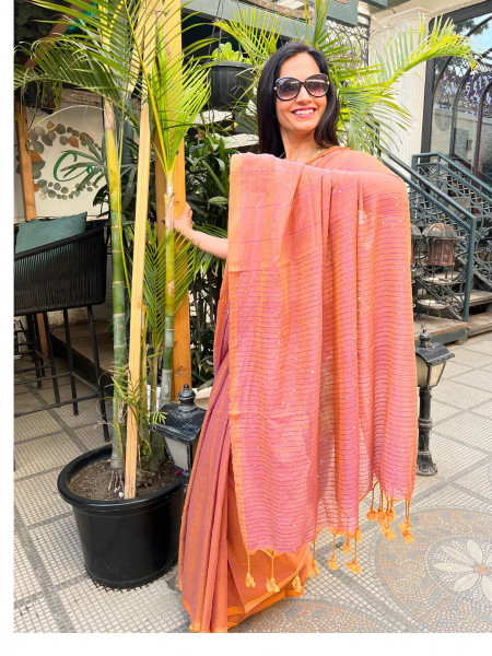 Imlee: Pure Mul Cotton Saree with Sequins in Dual Tone Cinnamon Colour