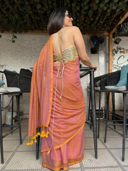 Imlee: Pure Mul Cotton Saree with Sequins in Dual Tone Cinnamon Colour