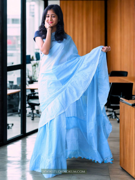 Flary Flamingo - Pure Cotton Ruffle Saree in Sky Blue Colour