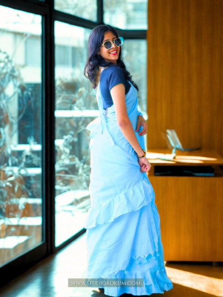 Flary Flamingo - Pure Cotton Ruffle Saree in Sky Blue Colour