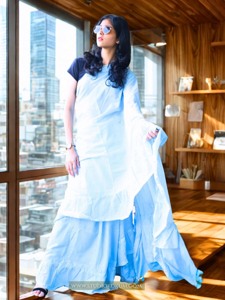 Flary Flamingo - Pure Cotton Ruffle Saree in Sky Blue Colour