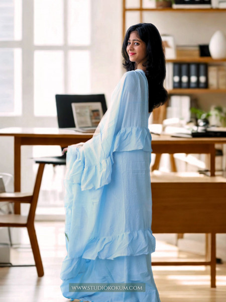 Flary Flamingo - Pure Cotton Ruffle Saree in Sky Blue Colour