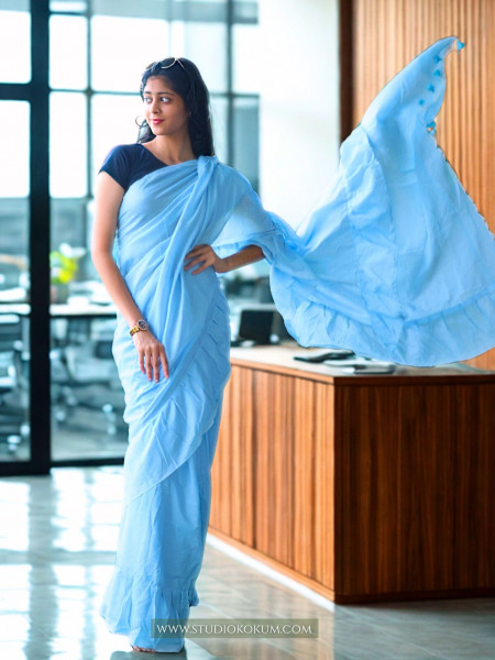 Image of Flary Flamingo - Pure Cotton Ruffle Saree in Sky Blue Colour