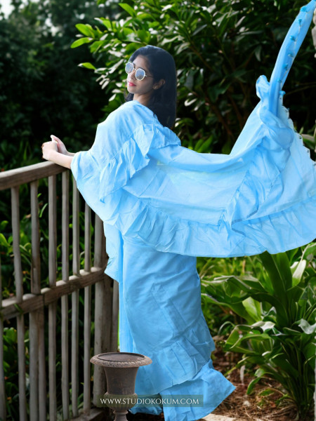 Flary Flamingo - Pure Cotton Ruffle Saree in Sky Blue Colour