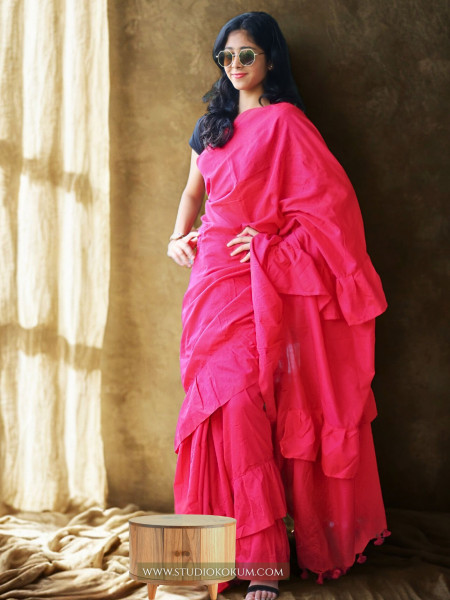 Masakali - Pure Cotton Ruffle Saree in Candy Red Pink Colour