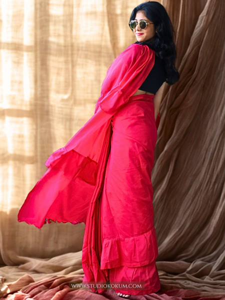 Masakali - Pure Cotton Ruffle Saree in Candy Red Pink Colour