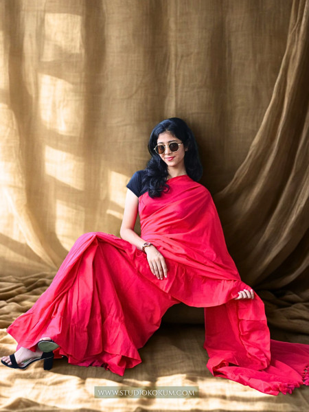 Masakali - Pure Cotton Ruffle Saree in Candy Red Pink Colour