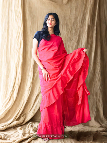 Masakali - Pure Cotton Ruffle Saree in Candy Red Pink Colour
