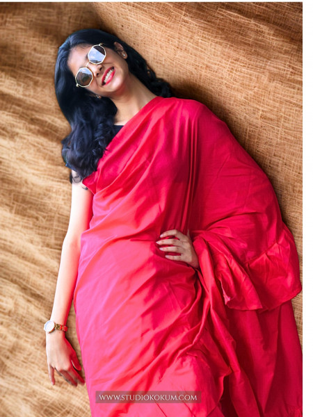 Masakali - Pure Cotton Ruffle Saree in Candy Red Pink Colour