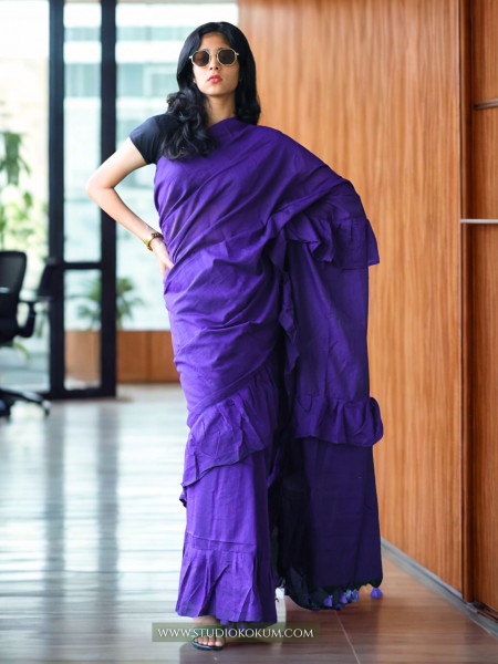 Cool Kokila - Pure Cotton Ruffle Saree in Purple Colour