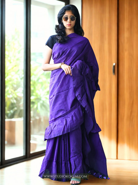 Cool Kokila - Pure Cotton Ruffle Saree in Purple Colour