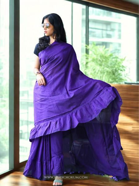 Cool Kokila - Pure Cotton Ruffle Saree in Purple Colour
