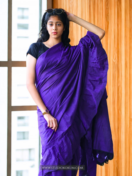 Cool Kokila - Pure Cotton Ruffle Saree in Purple Colour
