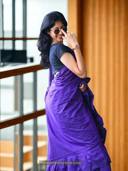 Cool Kokila - Pure Cotton Ruffle Saree in Purple Colour