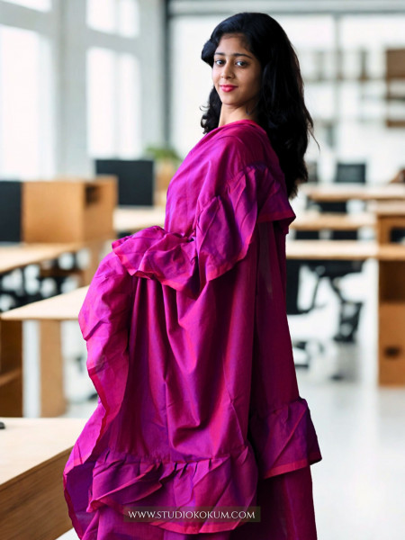 Charming Chakor - Pure Cotton Ruffle Saree in Mulberry Pink Colour