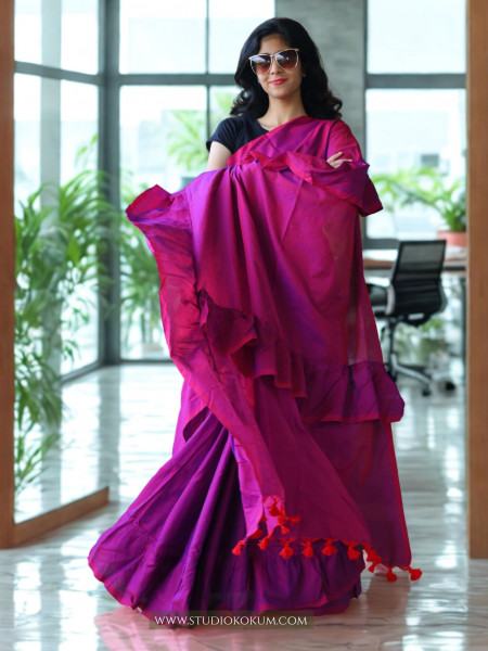 Image of Charming Chakor - Pure Cotton Ruffle Saree in Mulberry Pink Colour